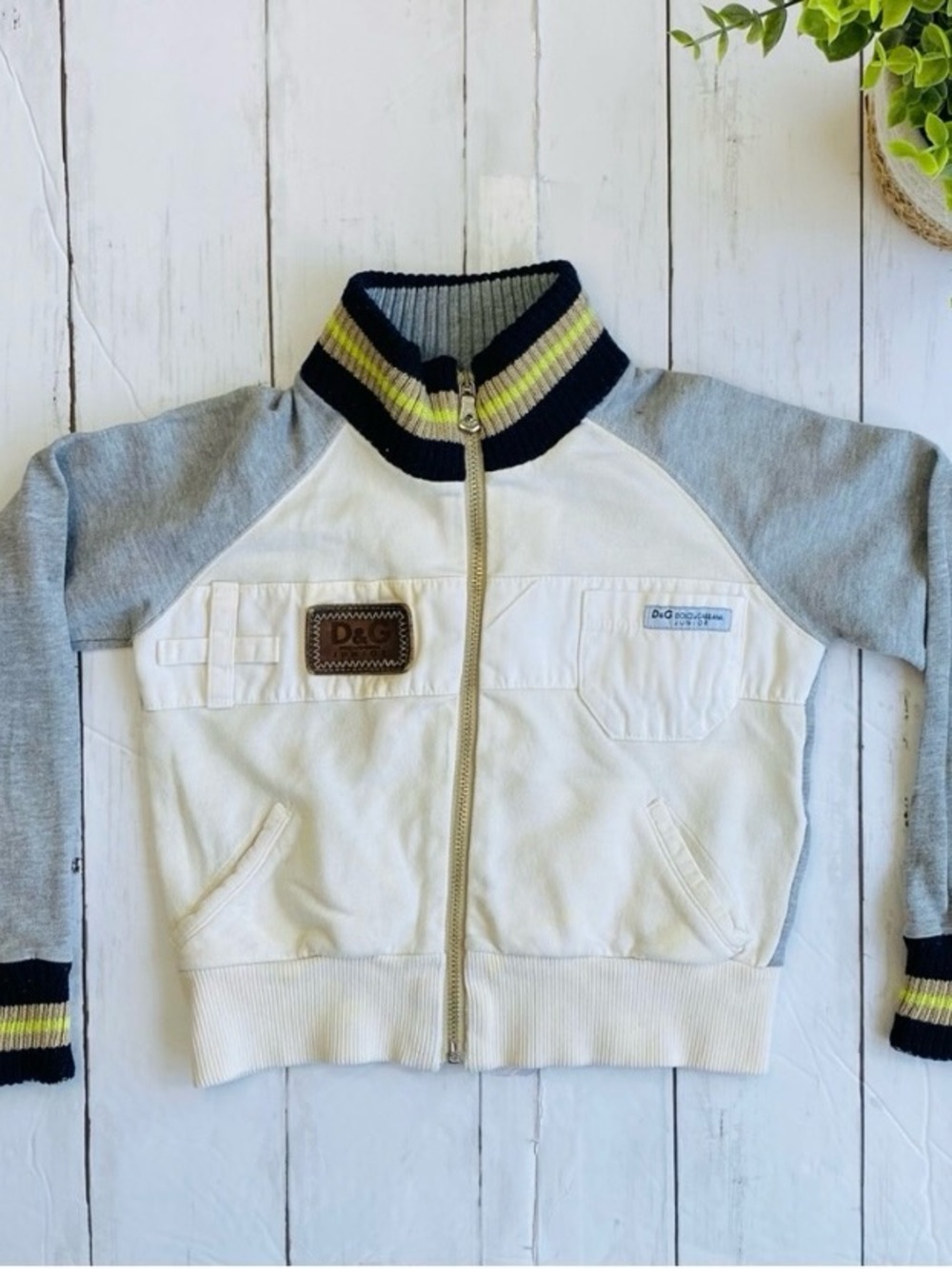 D&G Cream, Gray, Navy & Yellow Kids Zip-Up Jacket with Striped Collar